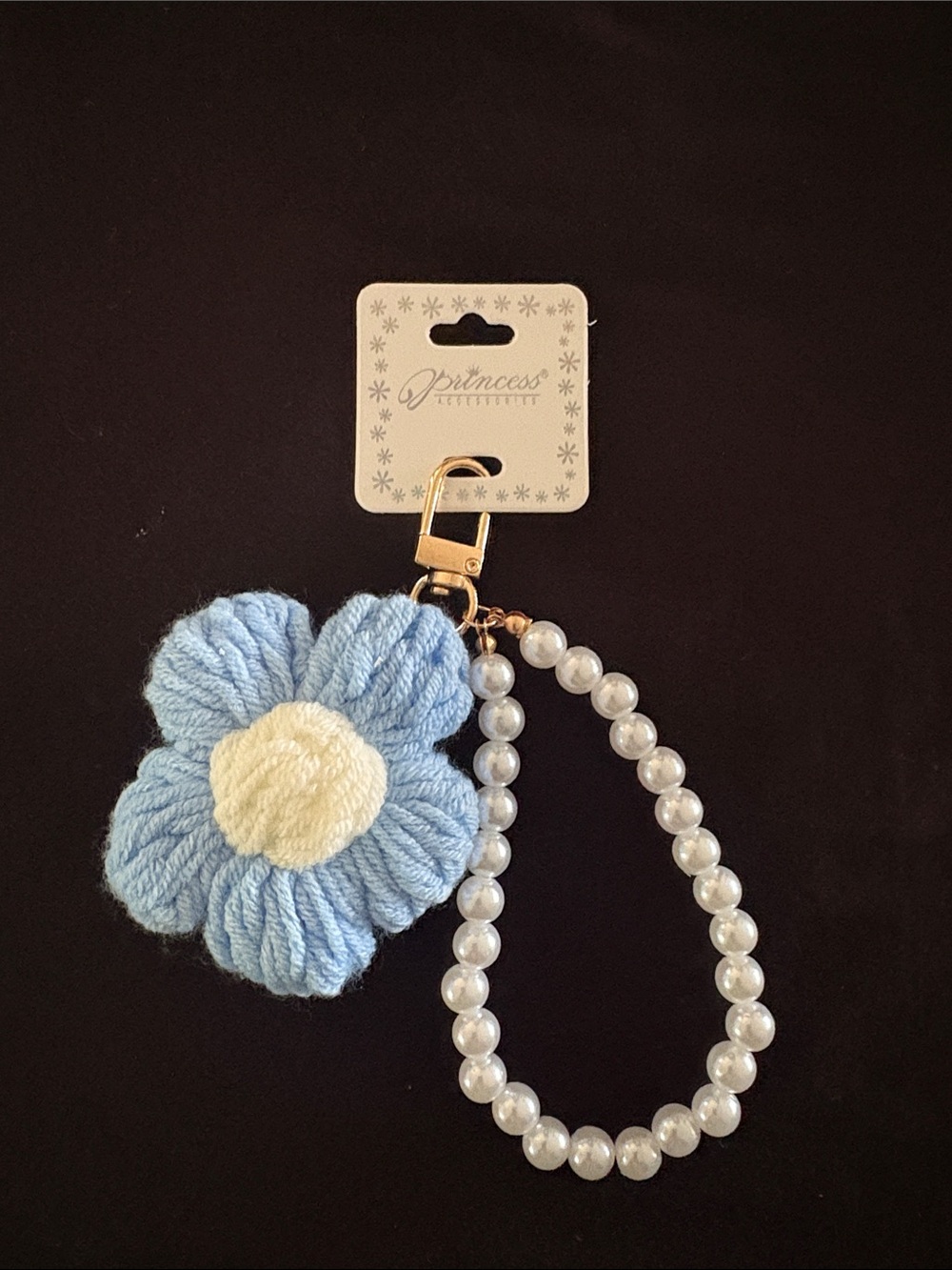 Blue & White Crochet Knit Flower Keychain Bag Charm With Pearl Wristlet